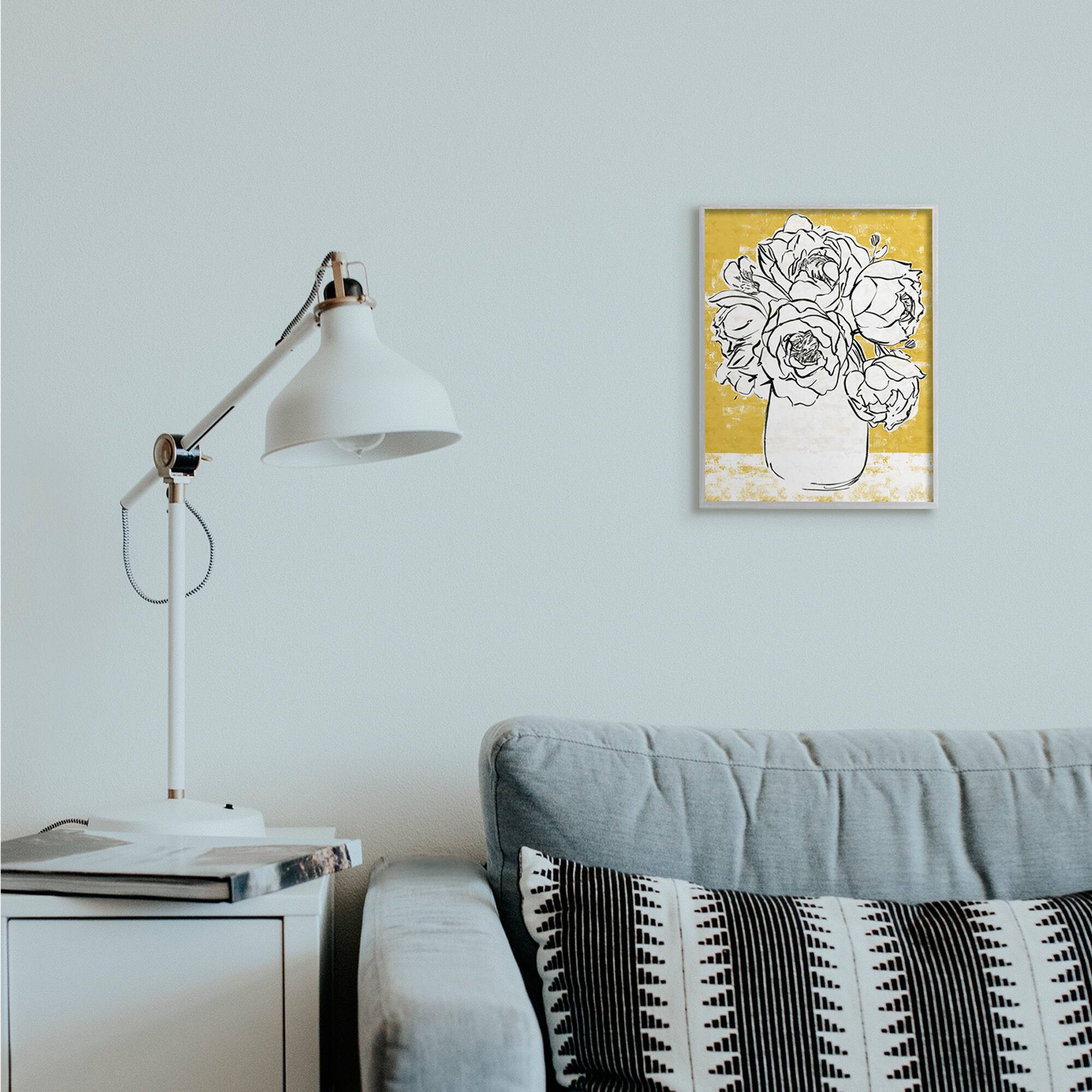 Stupell Industries Peony Sketch Bouquet Contrasted Distressed Yellow Framed Wall Art